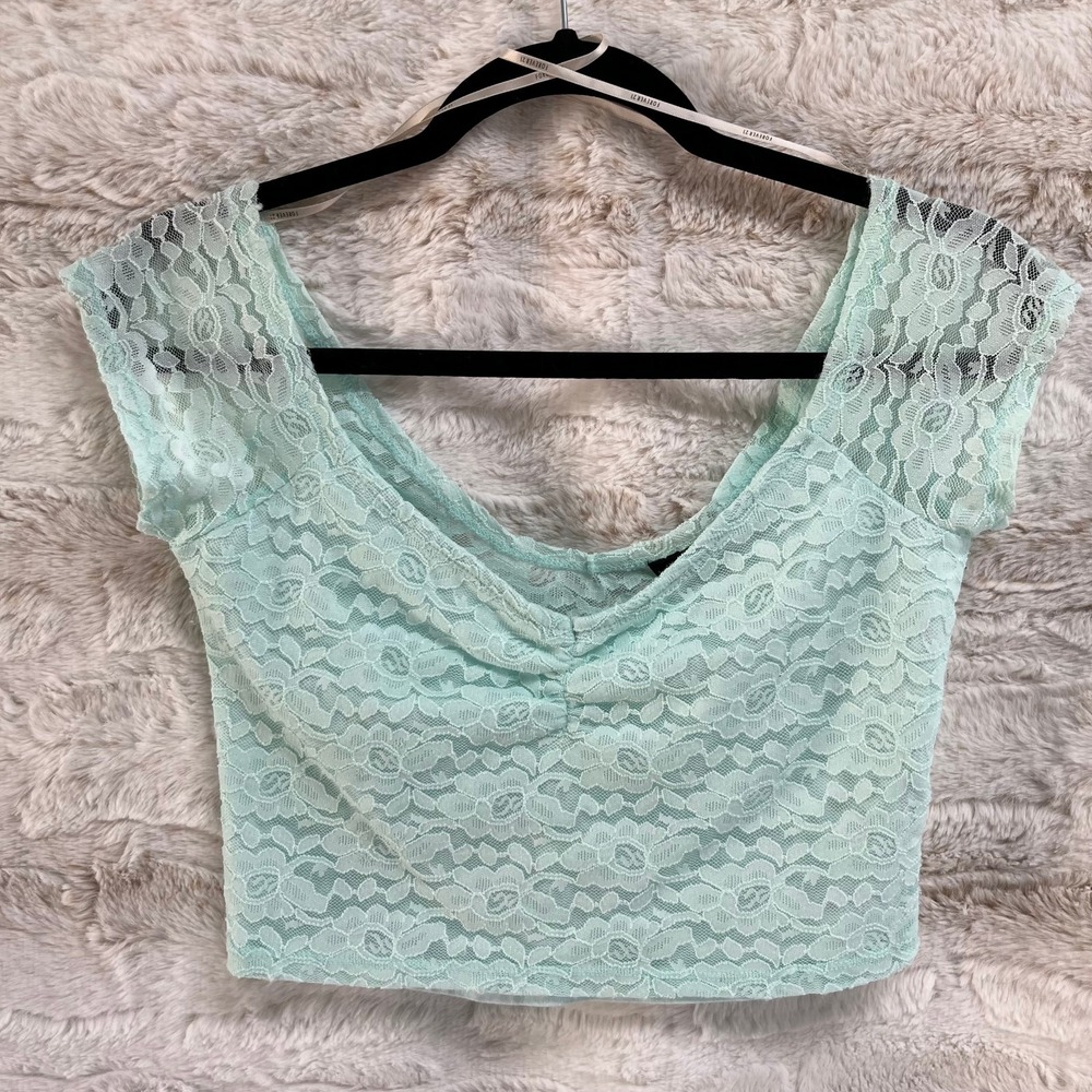 Forever 21 Floral Lace Cottage Core Girls Crop‎ Top Large Fairy Mint Aqua Teal